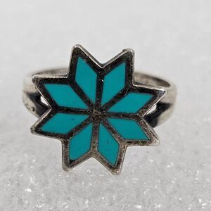 Vintage Bell Trading Post Turquoise Inlay Star Floral Ring Sz 6 Southwestern 925